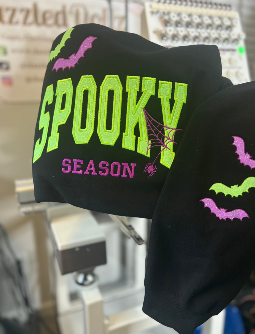 Spooky Glitter Embroidered Crew, T-Shirt OR Hoodie🦇💜💚