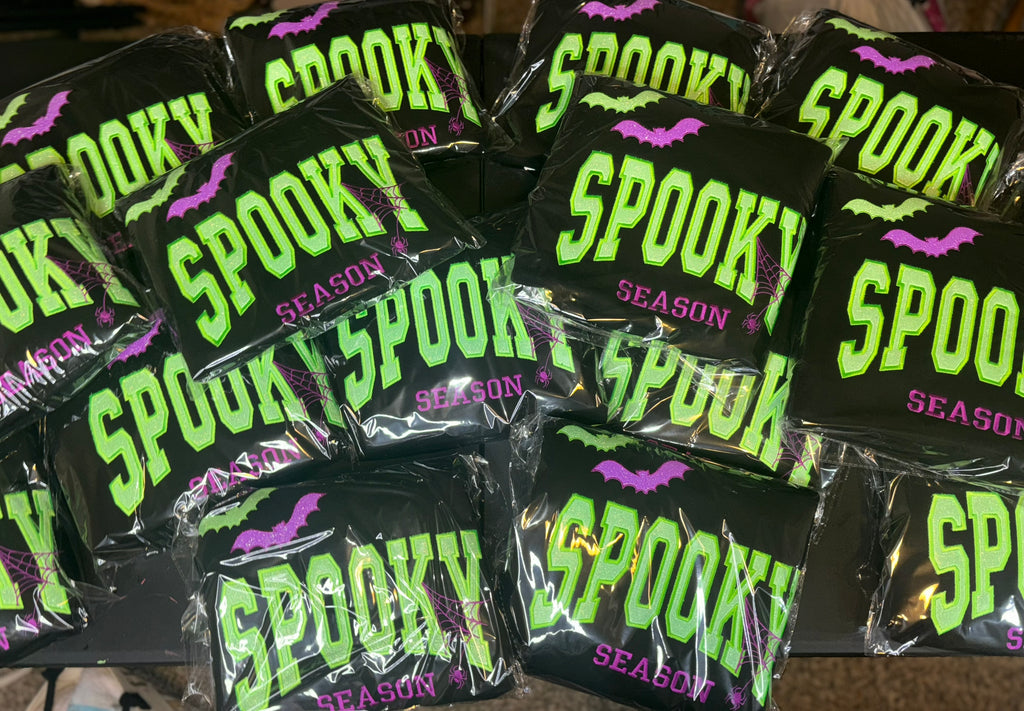 Spooky Glitter Embroidered Crew, T-Shirt OR Hoodie🦇💜💚