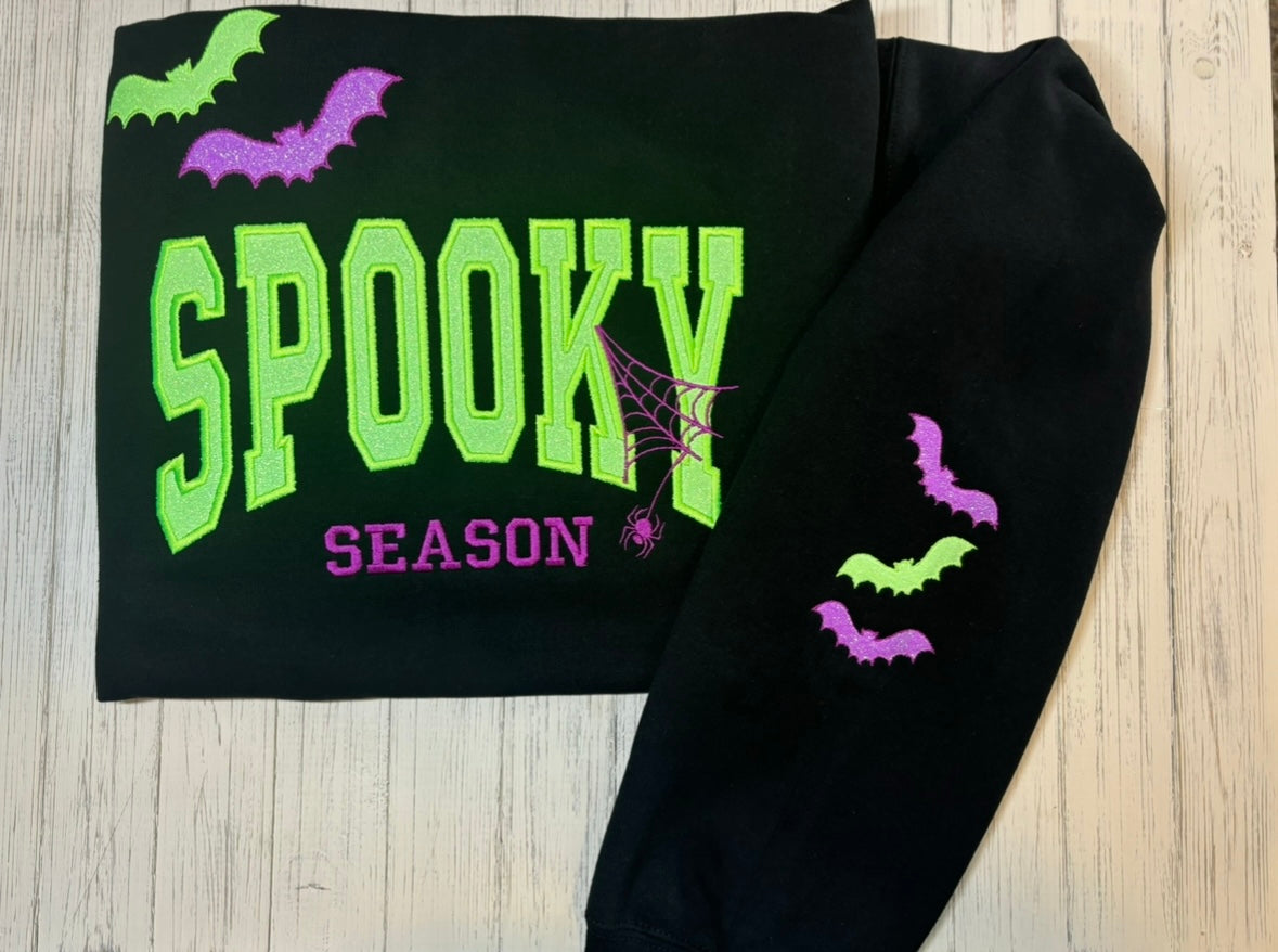 Spooky Glitter Embroidered Crew, T-Shirt OR Hoodie🦇💜💚