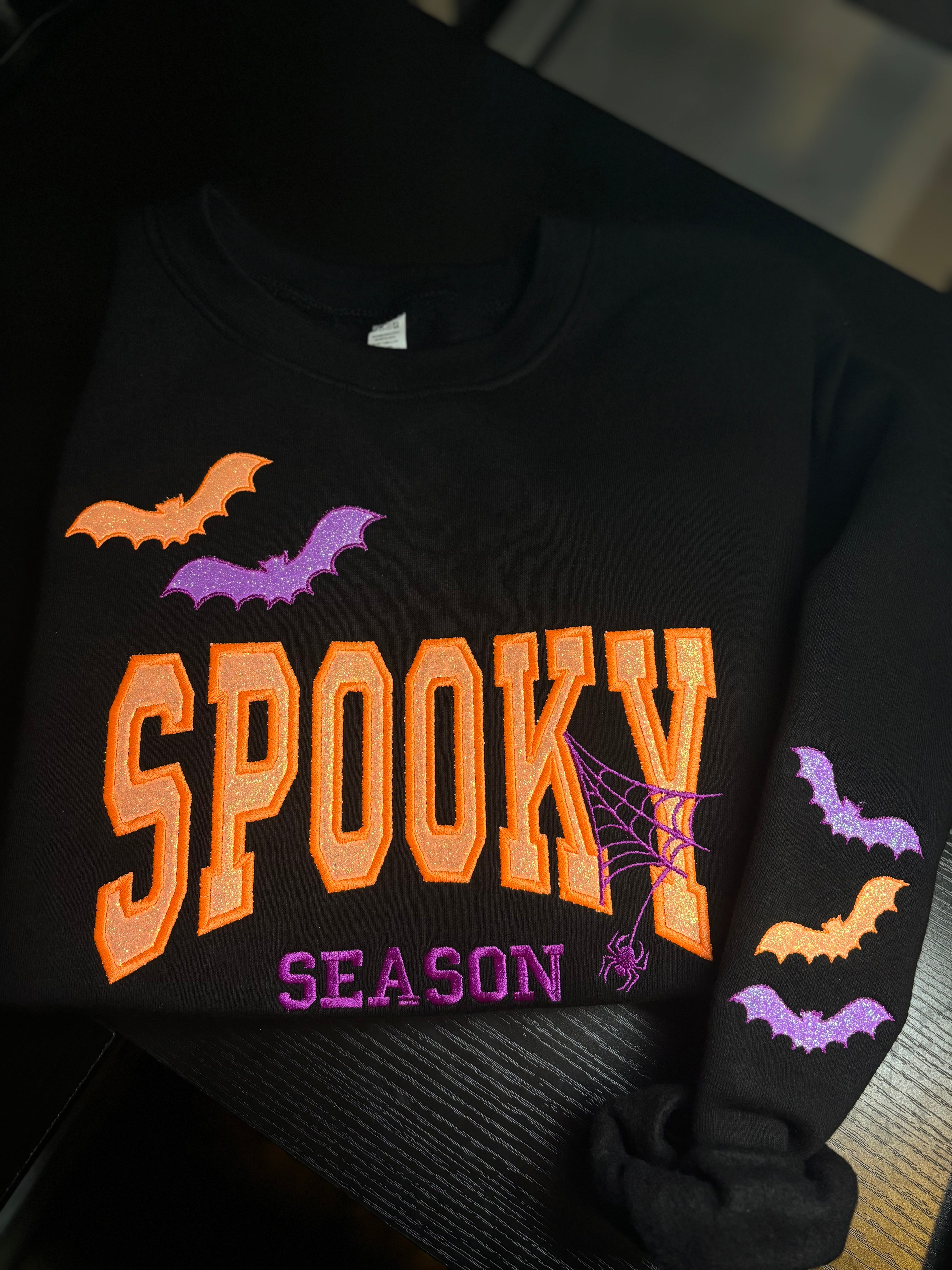 Spooky Glitter Embroidered Crew, T-Shirt OR Hoodie🦇💜💚