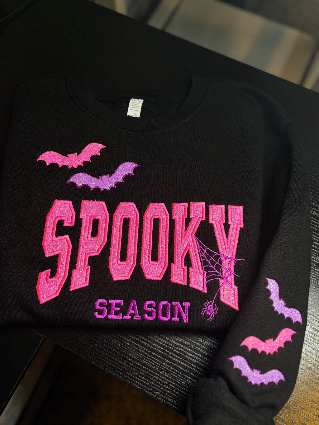 Spooky Glitter Embroidered Crew, T-Shirt OR Hoodie🦇💜💚