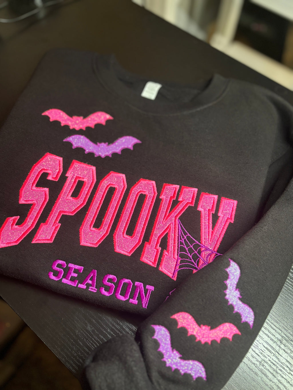 Spooky Glitter Embroidered Crew, T-Shirt OR Hoodie🦇💜💚