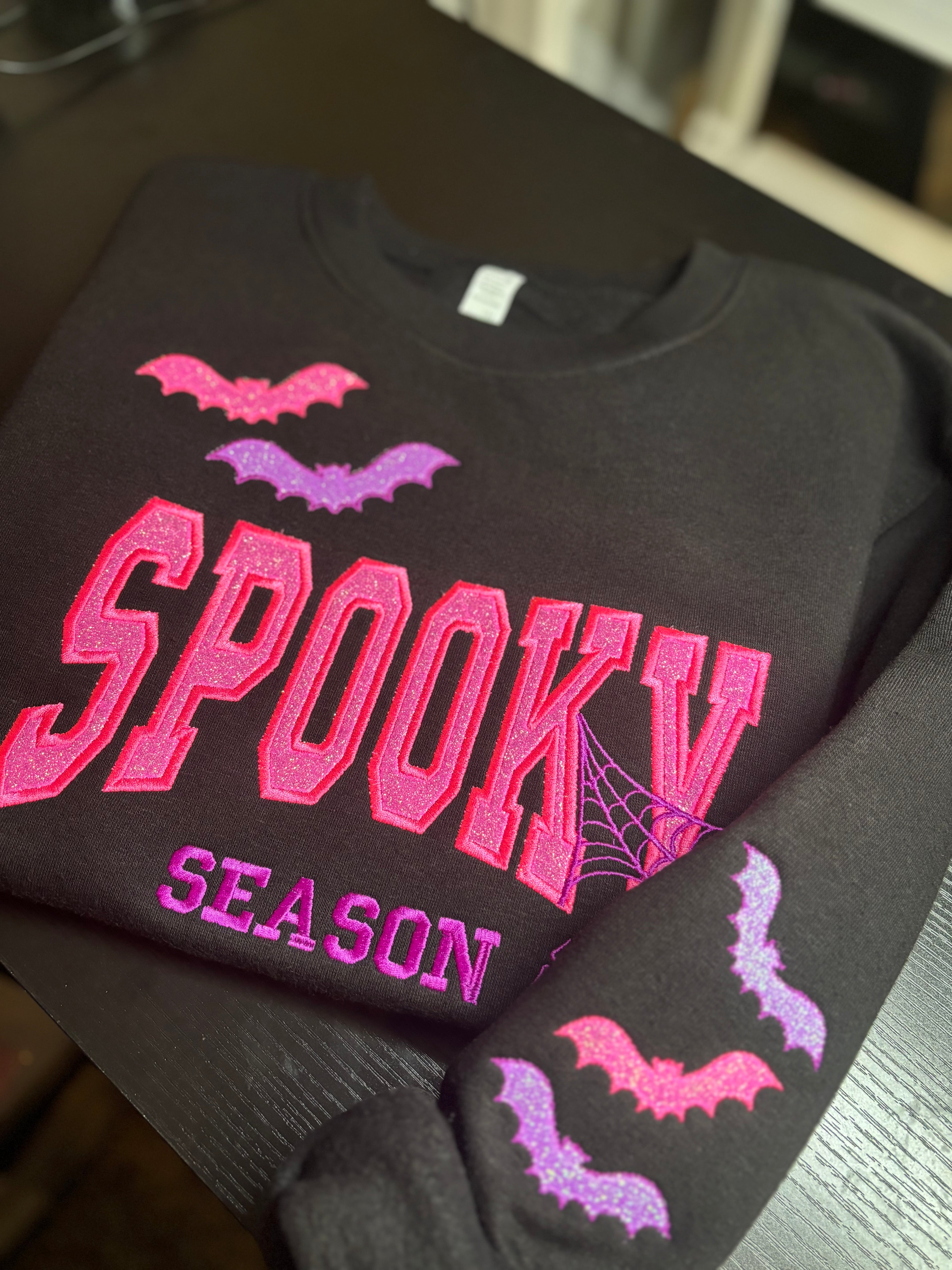 Spooky Glitter Embroidered Crew, T-Shirt OR Hoodie🦇💜💚