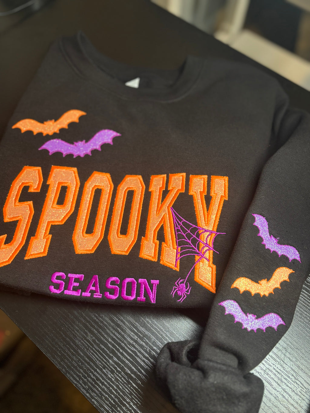 Spooky Glitter Embroidered Crew, T-Shirt OR Hoodie🦇💜💚