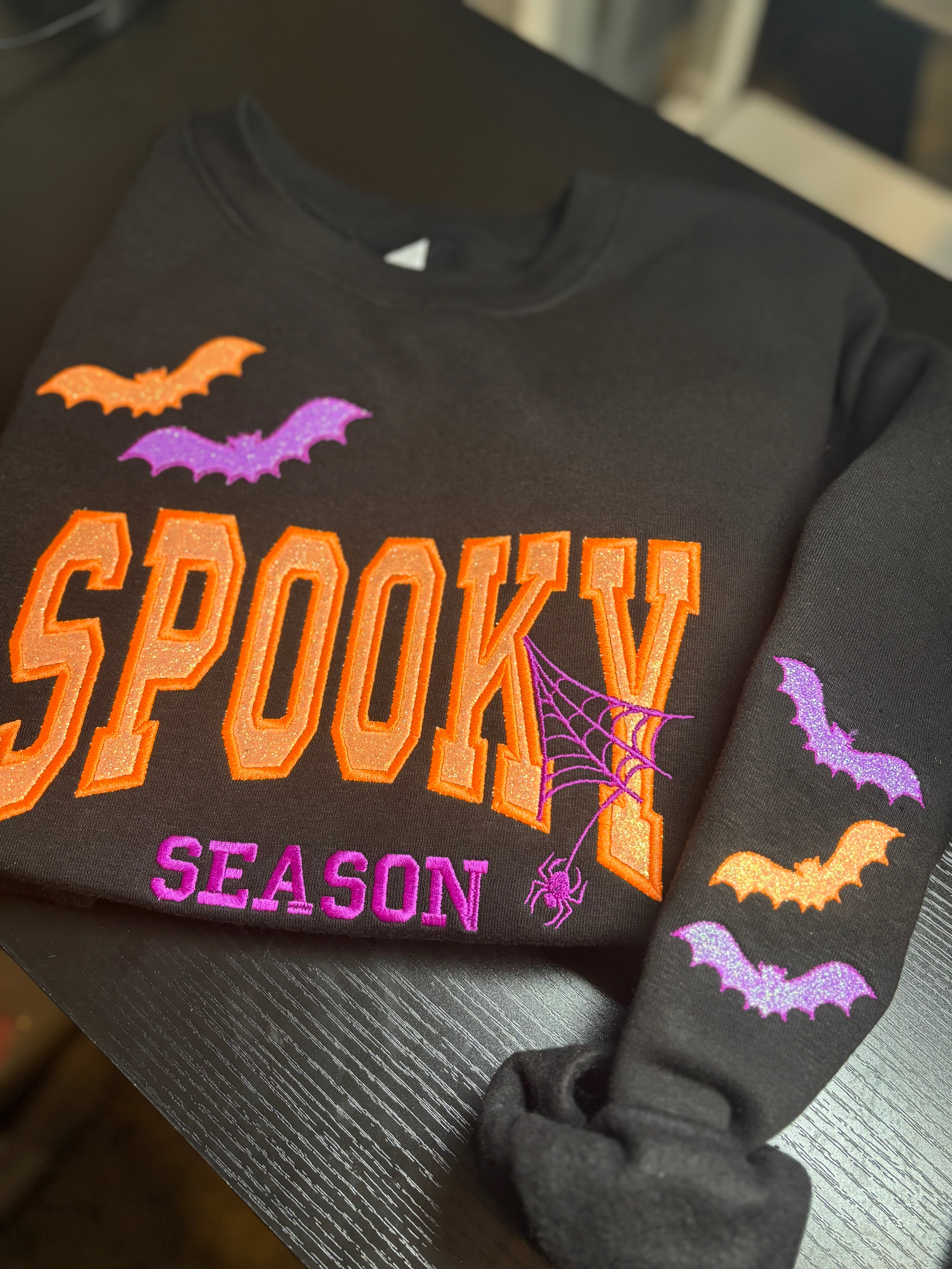 Spooky Glitter Embroidered Crew, T-Shirt OR Hoodie🦇💜💚