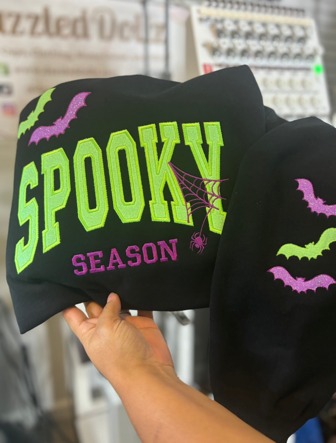 Spooky Glitter Embroidered Crew, T-Shirt OR Hoodie🦇💜💚