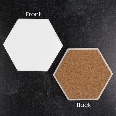 Coaster Ceramic Hexagon  & Cork Pad - White Glossy (12 Coasters)