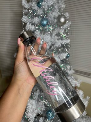 Powder pink name! On clear water bottle.